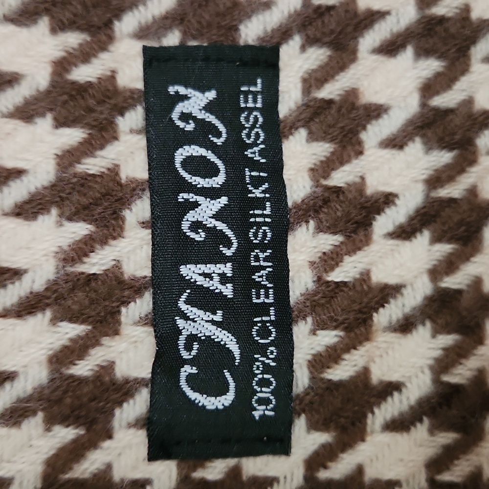 100% Clear Silk Tassel Scarf  Unisex Camel beige Brown Houndstooth Luxury - Picture 4 of 10